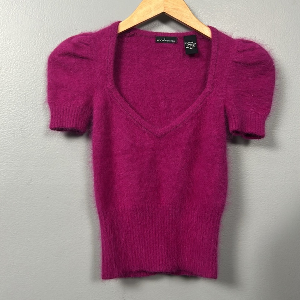 Moda International Angora Blend Sweater Sweat heart neckline size XS puff sleeve - Picture 6 of 11